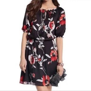 White House Black Market Dress Black Floral Print Stretch Waist Size Small